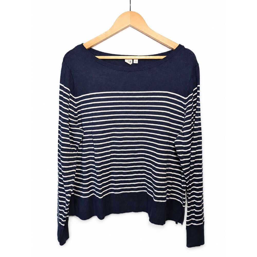GAP Navy & White Striped Boat Neck Lightweight Knit Sweater XL Coastal Classic